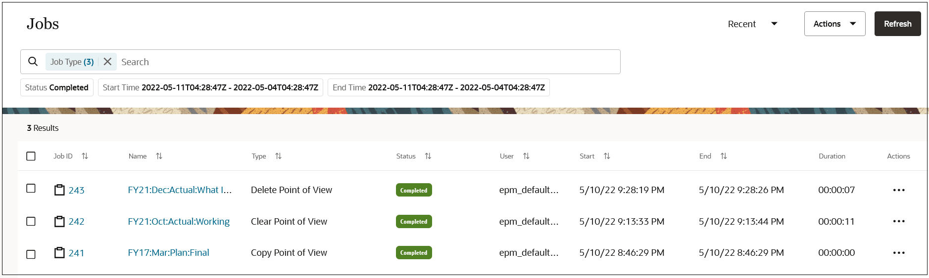 Job Console with three Point of View jobs displayed