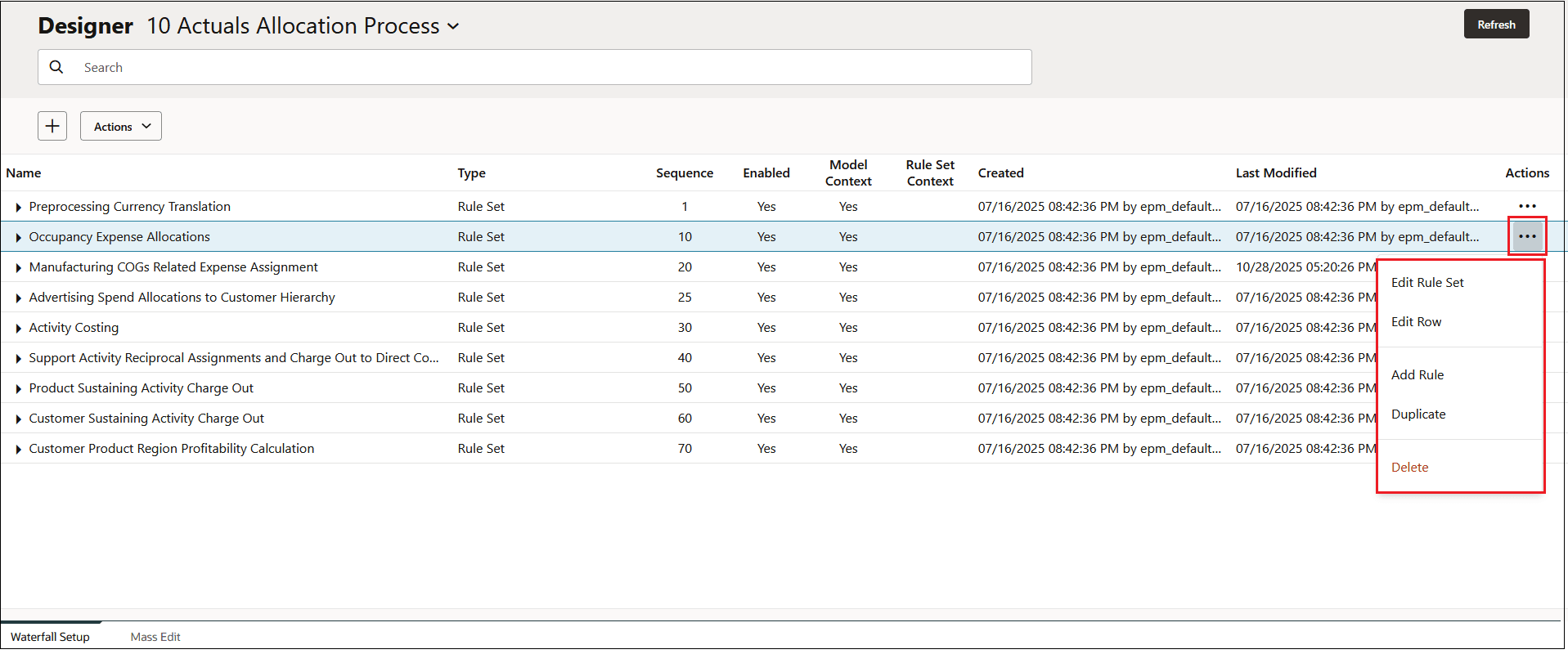 Waterfall Setup tab showing the rules set defined for the Occupancy Expense Allocations rule set