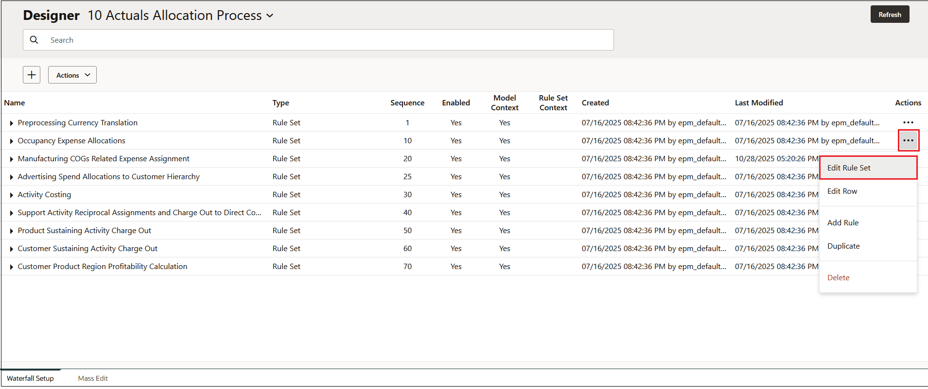 Waterfall Setup tab with Edit Rule Set selected for the Occupancy Expense Allocations rule