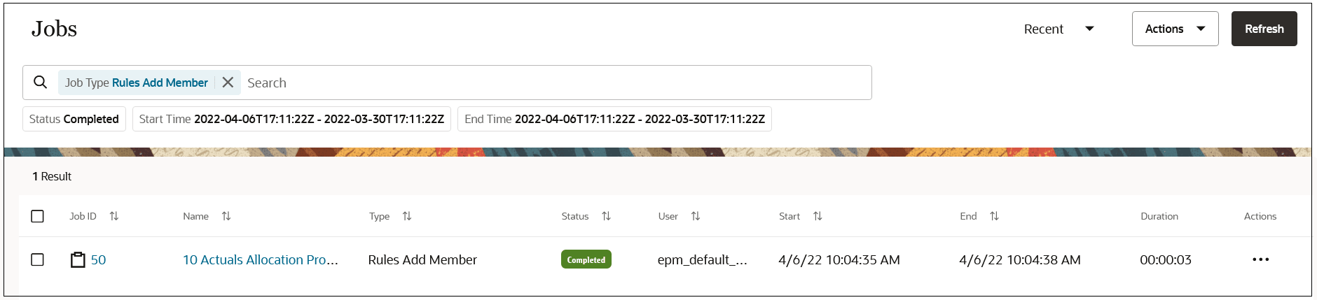 Job Console with one Rules Add Member job displayed