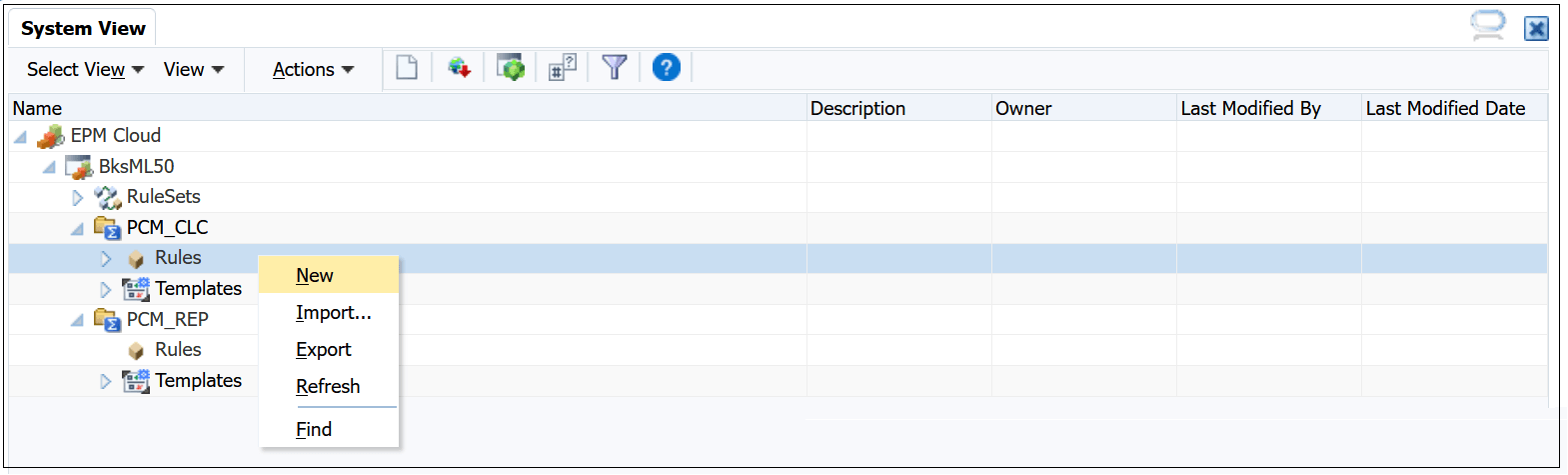 Calculation Manager with New selected on the Rules menu