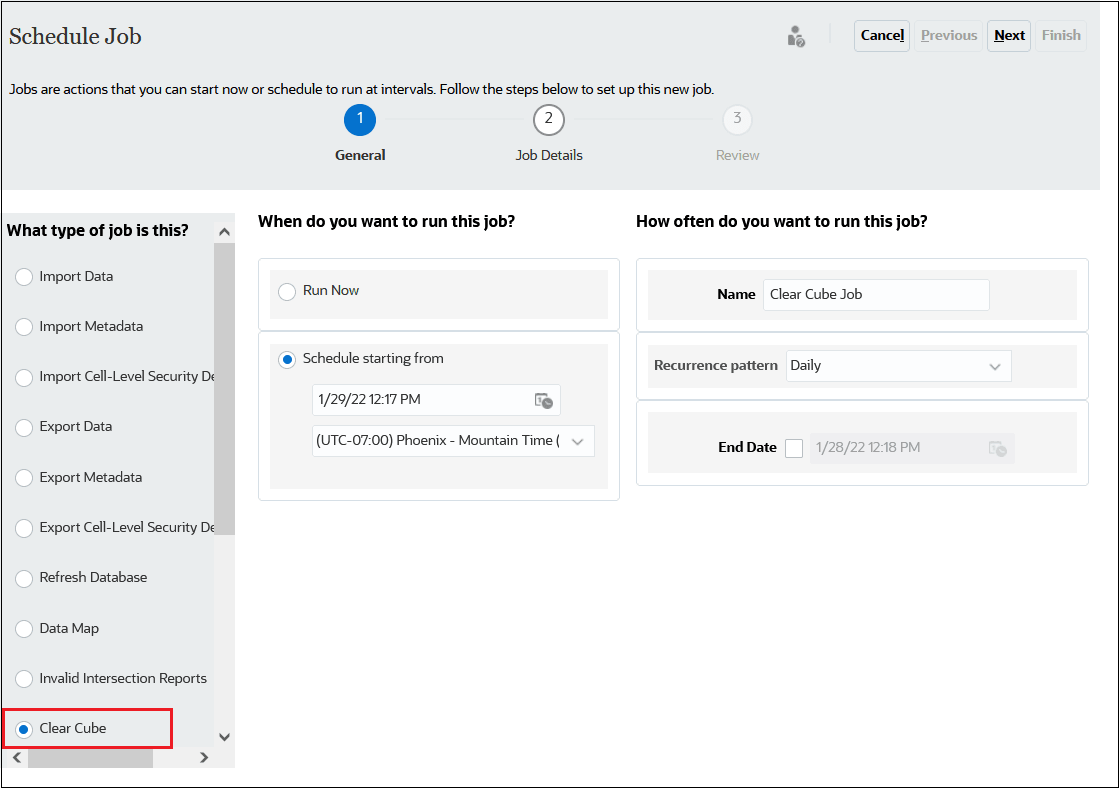 Schedule Job dialog box with Clear Cube selected Schedule Job dialog box with Clear Cube selected