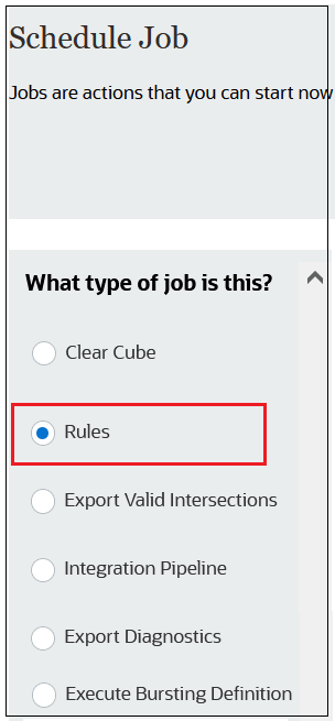 Schedule Job screen with the Rules option selected