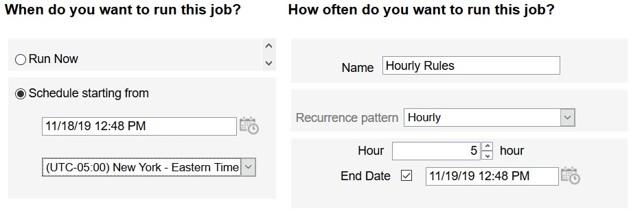 Screen showing when and how often to run a job