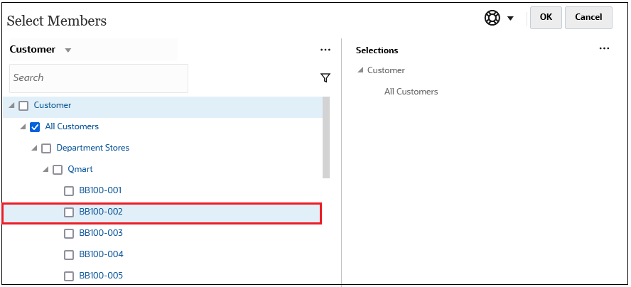 Select Members dialog box with BB100-002 highlighted in the hierarchy