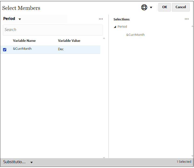Member Selector with the $CurrMonth substitution variable selected Member Selector with the $CurrMonth substitution variable selected