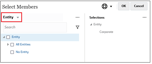 Select Members dialog box with Entity displayed as the dimension