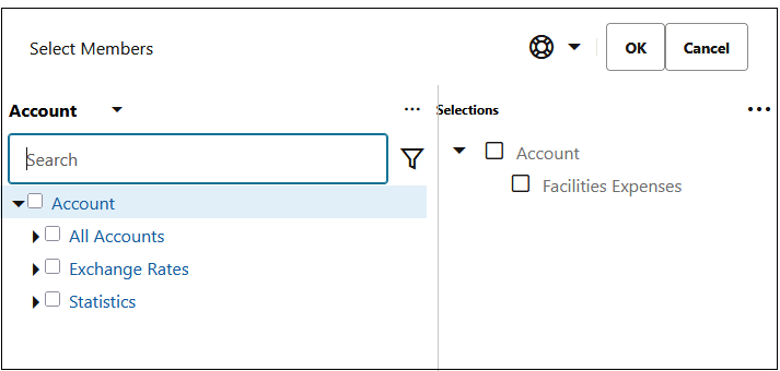 Select Members dialog box with Facilities Expenses selected for the Account Dimension