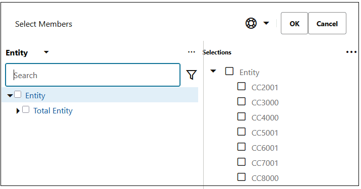 Select Members dialog box with 7 members selected for the Entity Dimension
