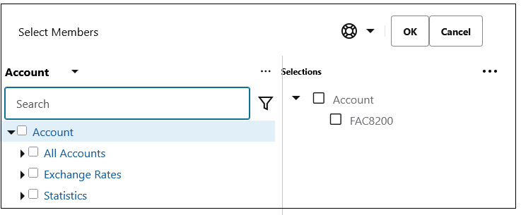 Select Members dialog box FAC8200 selected for the Account Dimension