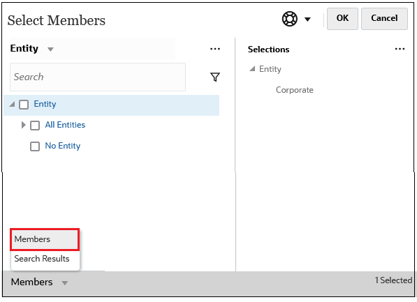 Select Members dialog box with the hierarchy view displayed