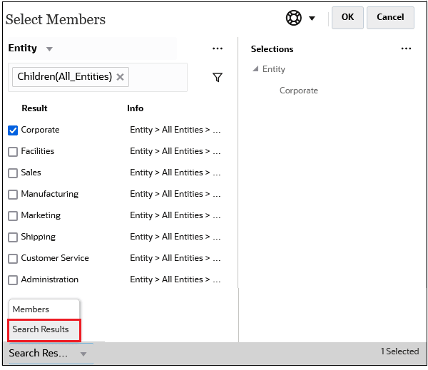 Select Members dialog box with the result of a search on the Children of All Entites displayed