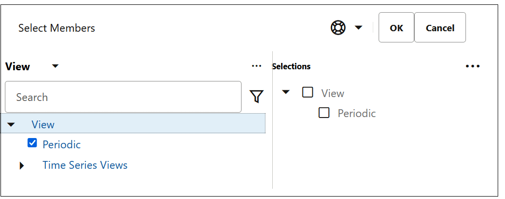 Select Members dialog box with the Periodic member selected for the View dimension