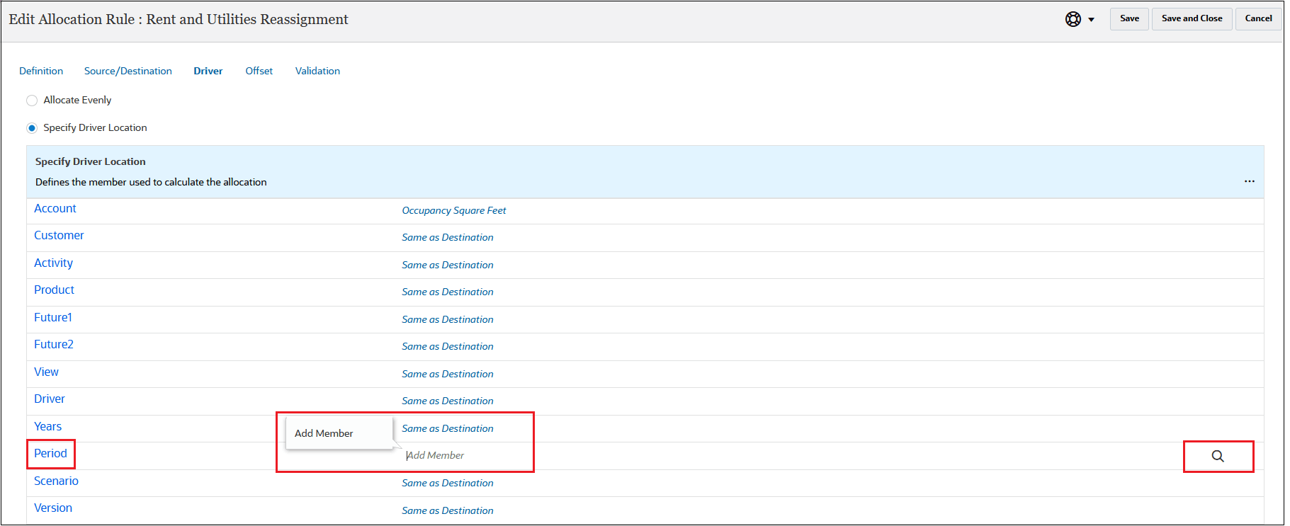 Edit Allocation Rule page with the Period dimension selected to add a member Edit Allocation Rule page with the Period dimension selected to add a member