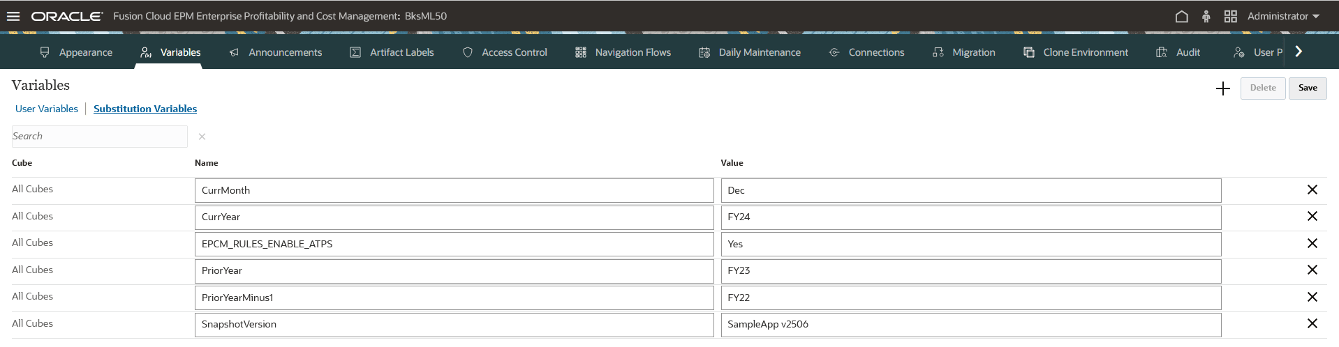 Substitution Variables tab Substitution Variables tab
