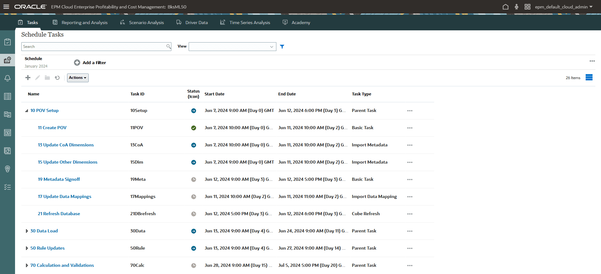 Schedule Tasks page displaying several tasks in the sample application