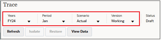 Trace screen with FY21, Jan, Actual, and Working selected for the POV