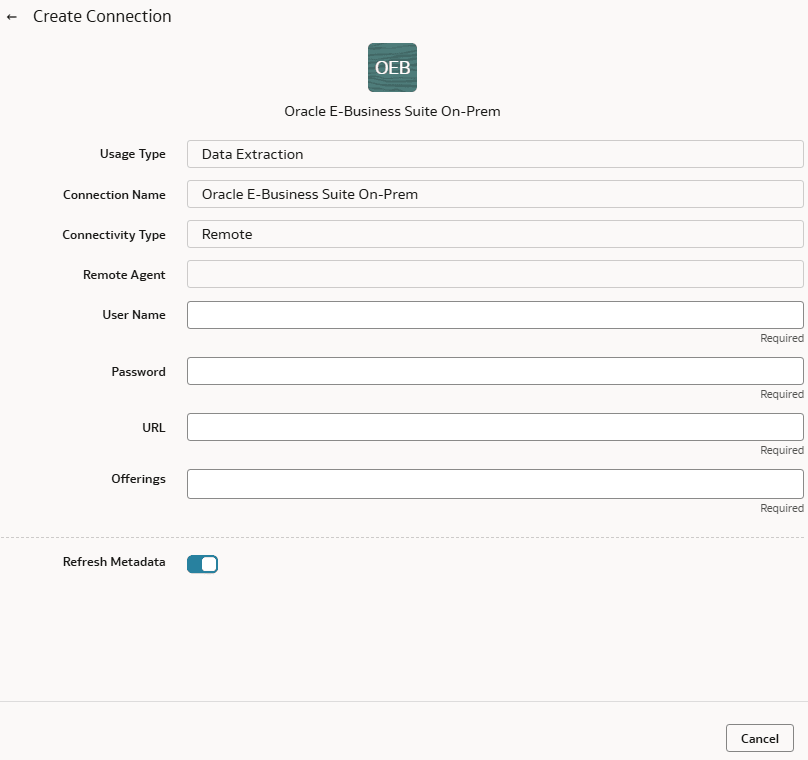 Create Connection dialog for Oracle E-Business Suite On-Prem Create Connection dialog for Oracle E-Business Suite On-Prem