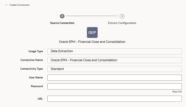 Source Connection tab on the Create Connection dialog for Oracle EPM