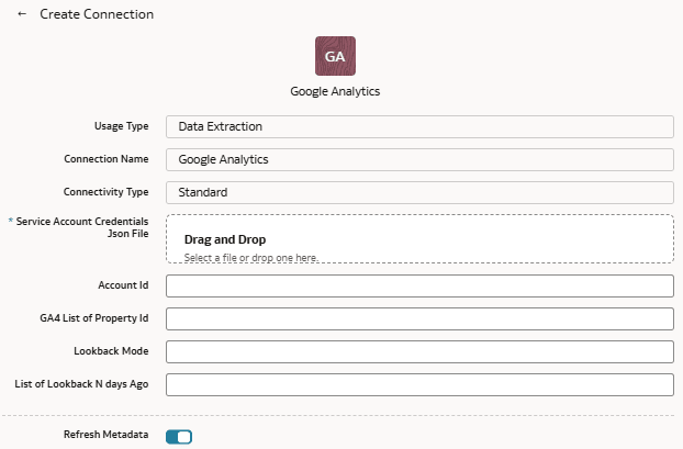Create Connection dialog for Google Analytics Create Connection dialog for Google Analytics