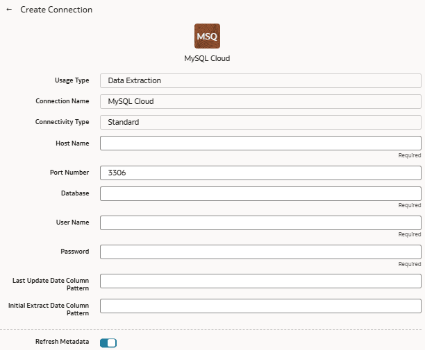 Create Connection for MySQL Cloud database dialog Create Connection for MySQL Cloud database dialog