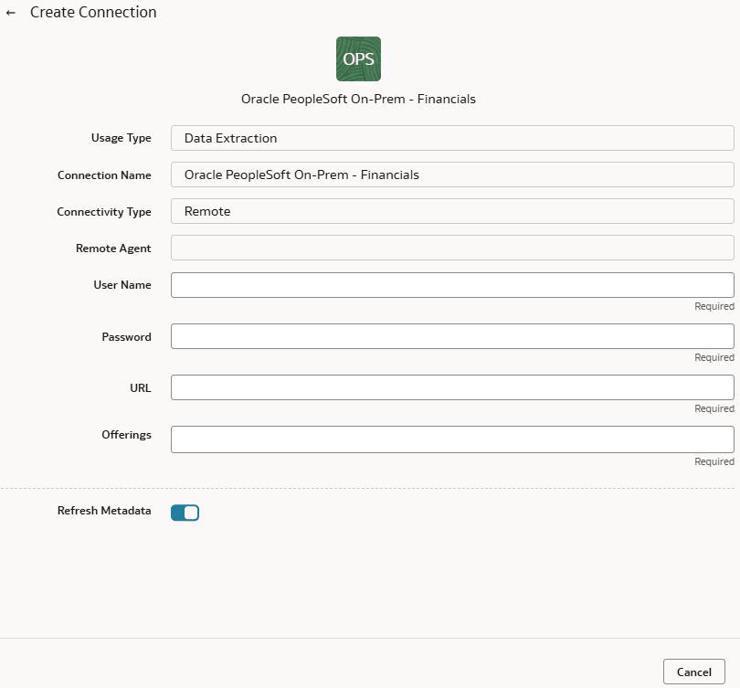 Create Connection for Oracle PeopleSoft On-Prem - Financials dialog
