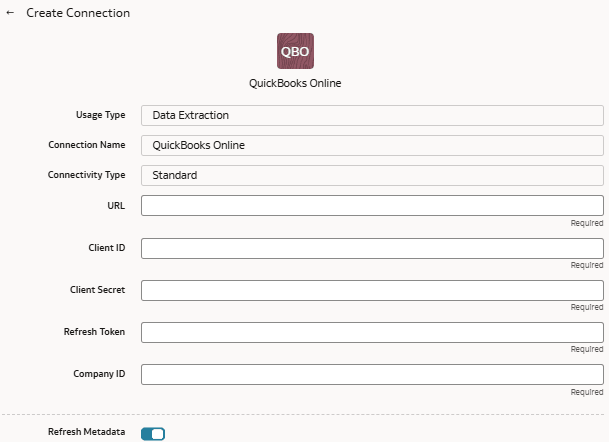 Create Connection for QuickBooks Online dialog