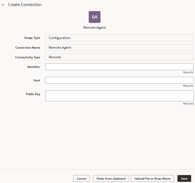 Create Connection dialog for the Remote Agent