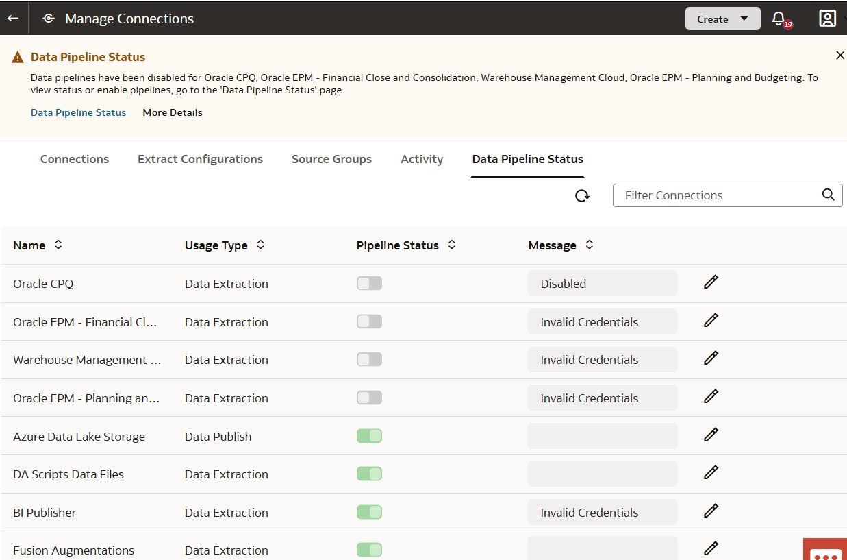 Manage Connections page displaying the Data Pipeline Status tab Manage Connections page displaying the Data Pipeline Status tab