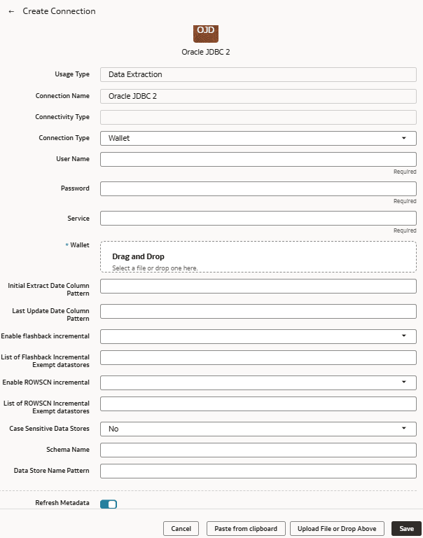 Oracle JDBC connection dialog displaying the Wallet connection type along with other patameters Oracle JDBC connection dialog displaying the Wallet connection type along with other patameters