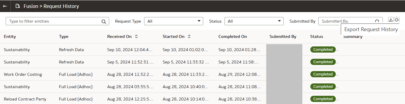 The Request History page displaying the history of loads and the Export Request History icon