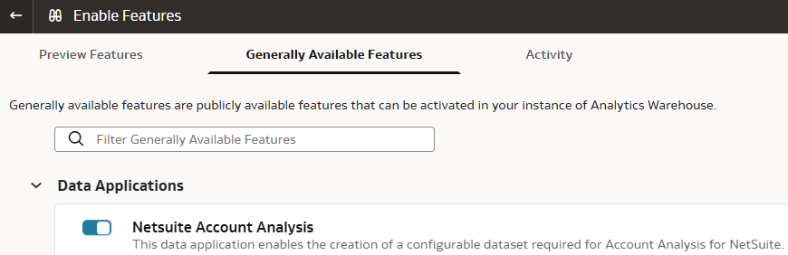 Enable Netsuite Account Analysis data application on the Enable Features page