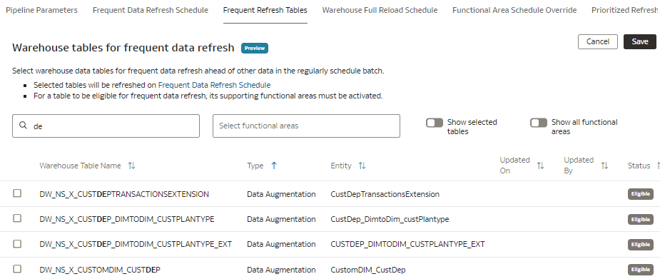 Frequent Refresh Tables tab