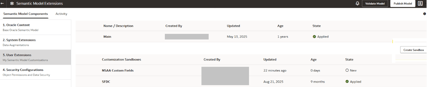 Create Sandbox button on the Semantic Model Extensions page in User Extensions Create Sandbox button on the Semantic Model Extensions page in User Extensions