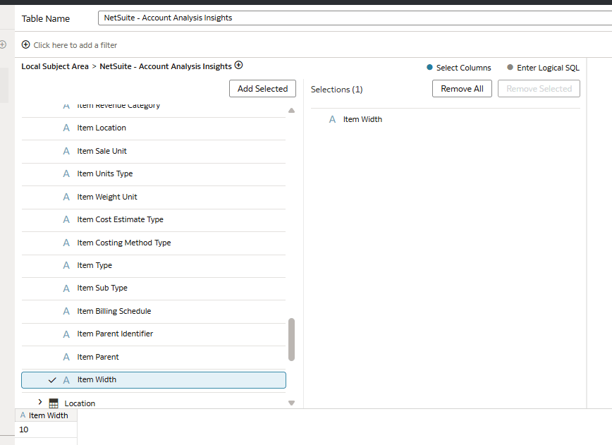 The Netsuite Account Analysis Insights subject area displaying the newly added custom field The Netsuite Account Analysis Insights subject area displaying the newly added custom field