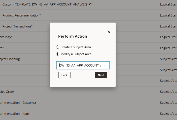 Modify a Subject Area option in the Perform Action dialog Modify a Subject Area option in the Perform Action dialog