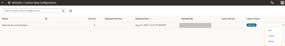 Publish action for the Netsuite Account Analysis data application Publish action for the Netsuite Account Analysis data application