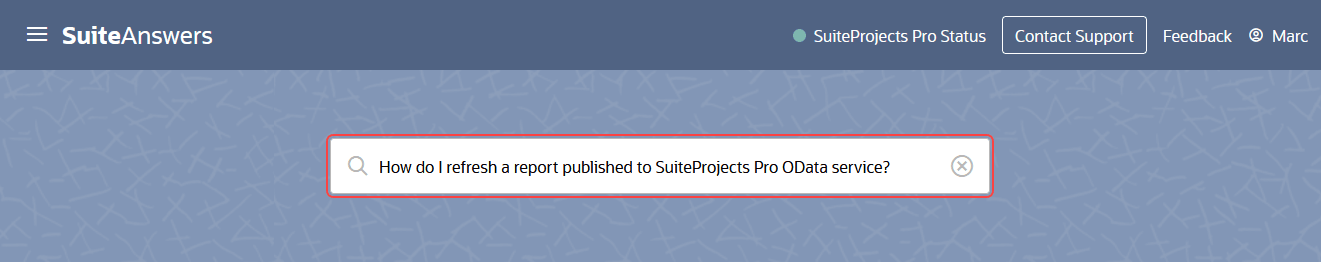SuiteAnswers search bar showing n example of question in plain English.