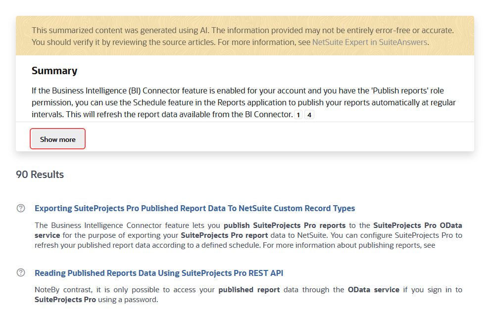 Summary response generated by NetSuite Expert in default minimized state.