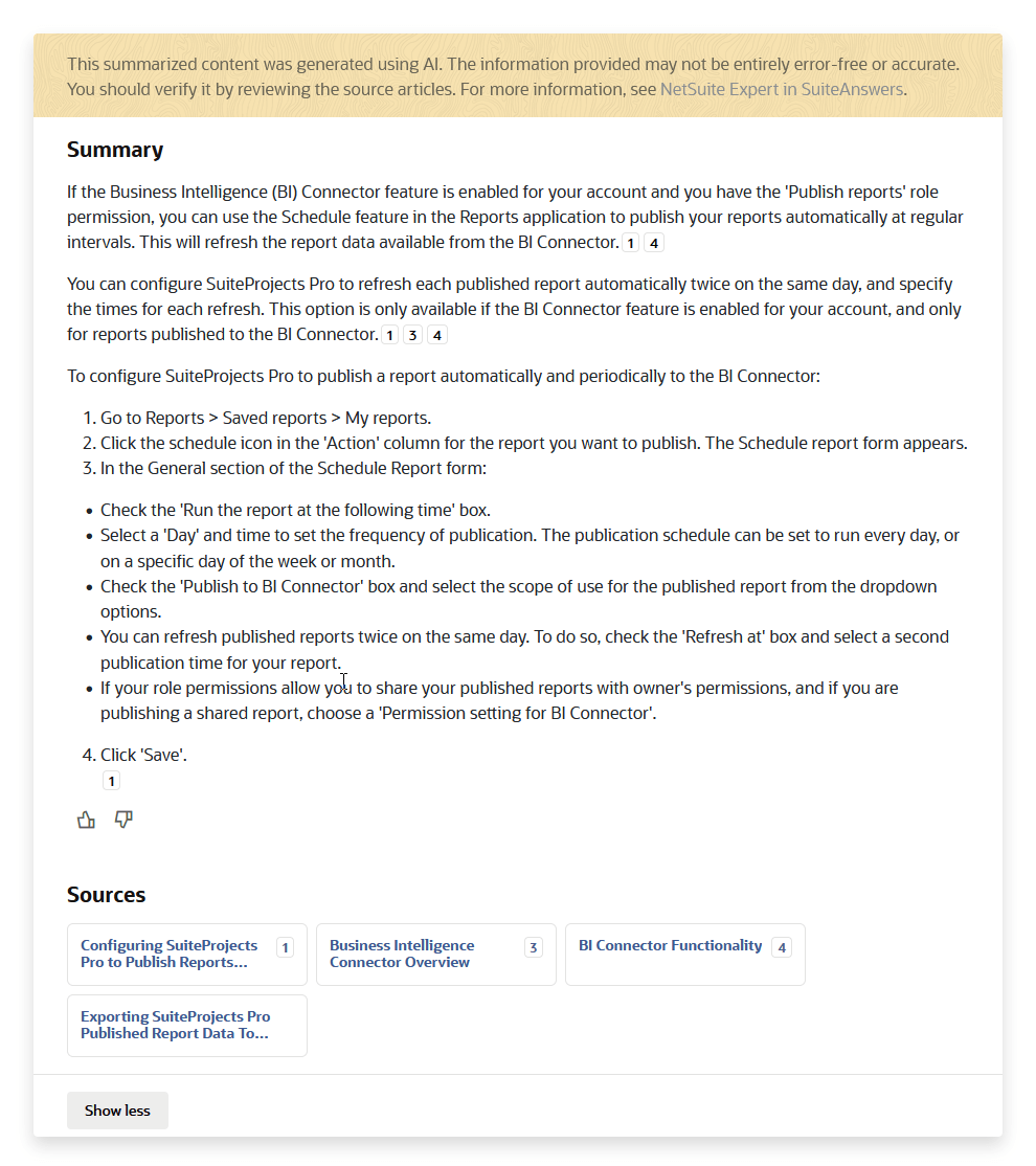 Summary response generated by NetSuite Expert in expanded state.