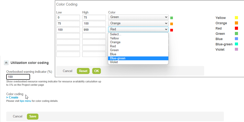 Color code definition for the availability indicators in the Project Center.