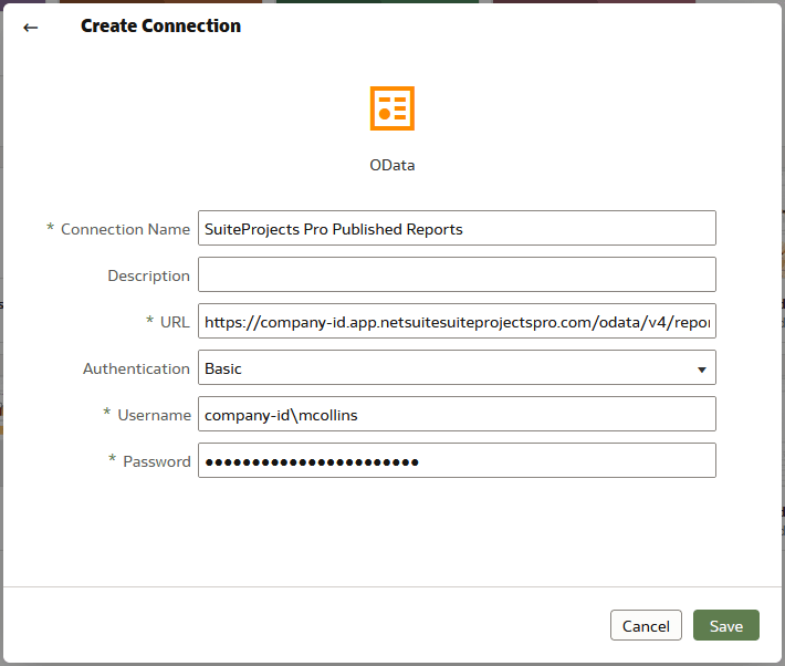 Create Connection dialog for SuiteProjects Pro OData connection.
