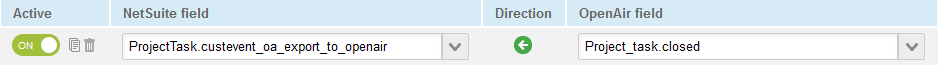 Field mapping definition setting the Export to SuiteProjects Pro check box on the Project Task in NetSuite depending on the Closed task check box on the SuiteProjects Pro task.