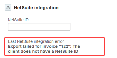 Last NetSuite integration error field on an invoice form.