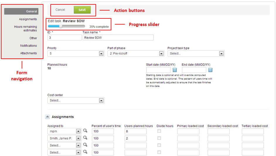 Task properties form.