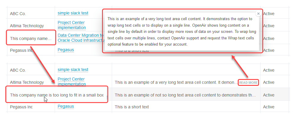 List cell content shows on a single line and truncated cells show all text when clicking the cell or the Read more link.