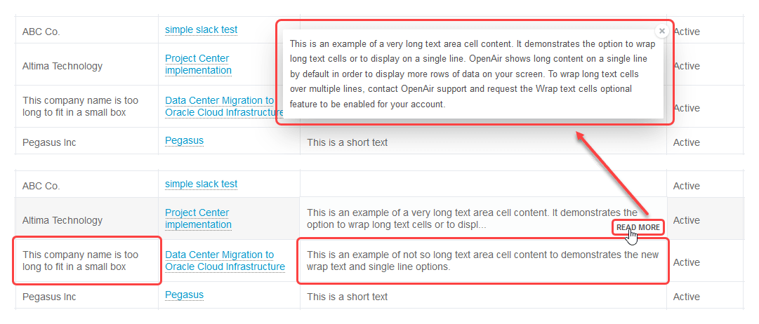 List cell content is wrapped onmultiple lines and truncated cells show all text when clicking the Read more link.
