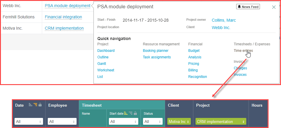 Opening a list from a QuickView popup window opens the list with the relevant column filters already set.