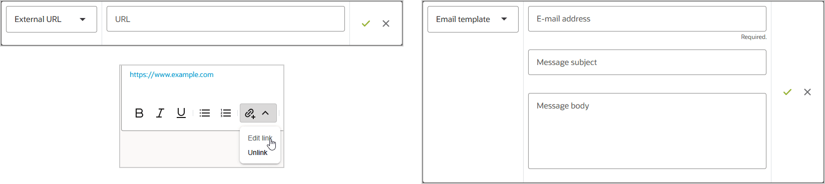 Rich Text editor link properties windows and edit & unlink options.