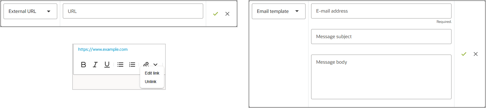 Rich Text editor link properties windows and edit & unlink options.